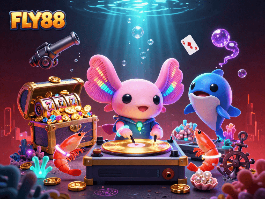 FLY88's vibrant underwater casino scene features a DJ axolotl and dancing sea creatures promoting gaming excitement.