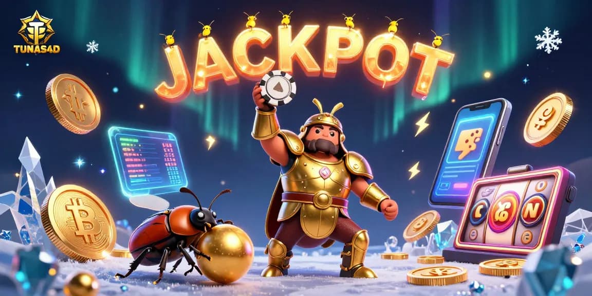 TUNAS4D celebrates with a 3D cartoon hercules beetle lifting a poker chip in victory, coins and jackpot elements surrounding.