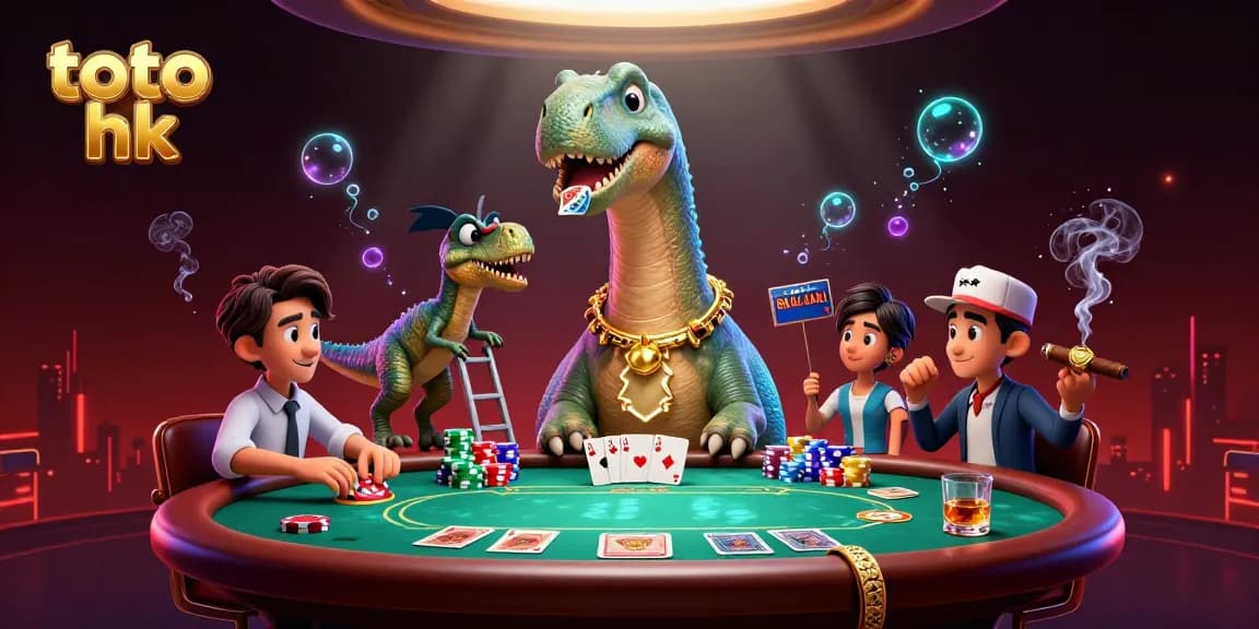 Menang bermain toto hk di kasino dengan dinosaur 3D dan banyak chip poker berwarna.