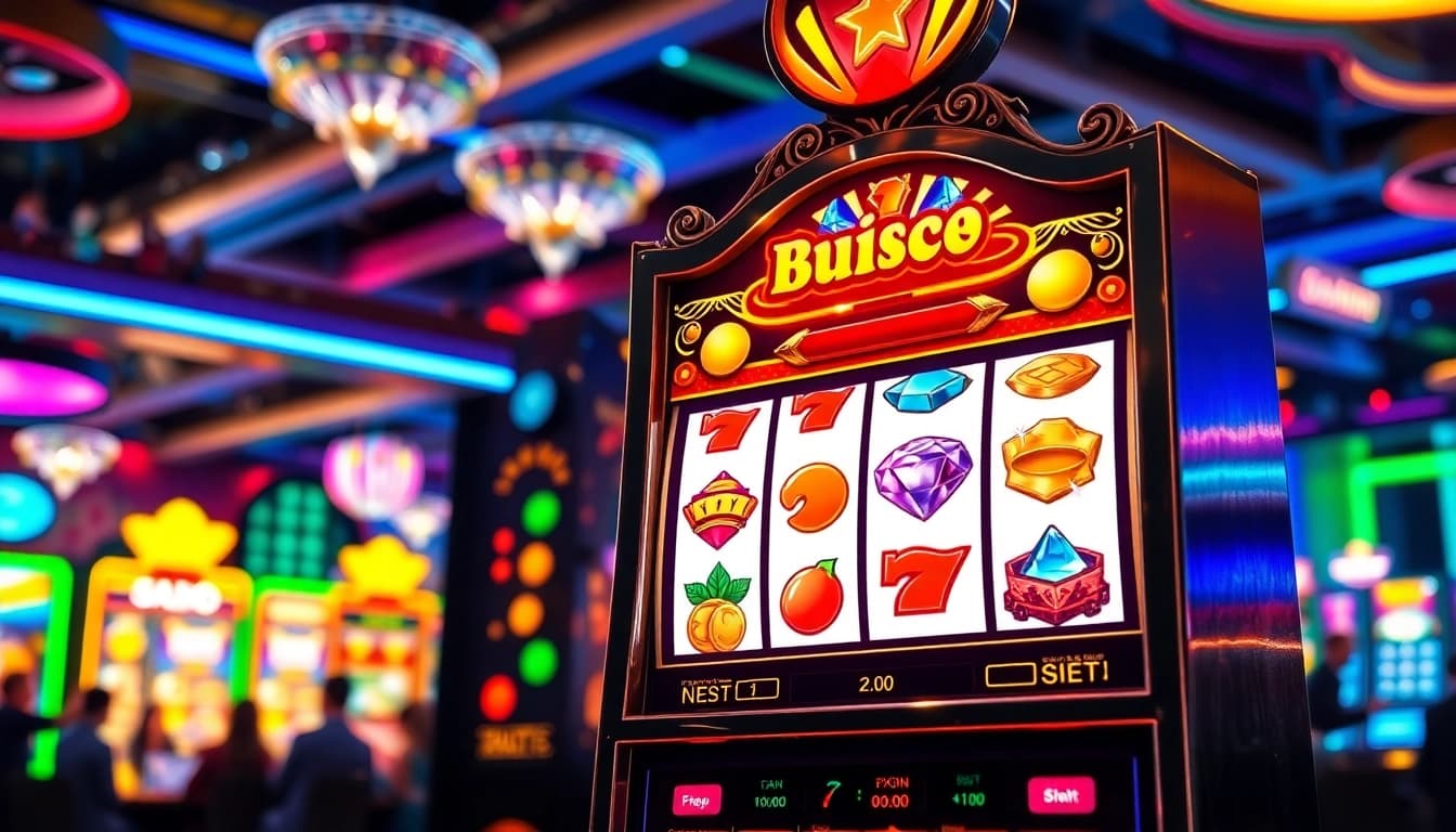 Daftar emasputihtoto menampilkan slot machine dengan desain menarik di suasana kasino.