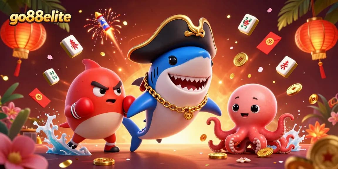 Engage with go88elite's thrilling experience as a pirate shark and friends celebrate wins with coins and festive decorations.