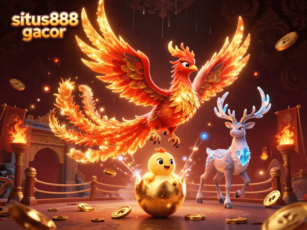 Engage in exhilarating gameplay at situs888 gacor, featuring vibrant visuals of phoenixes and casino elements.