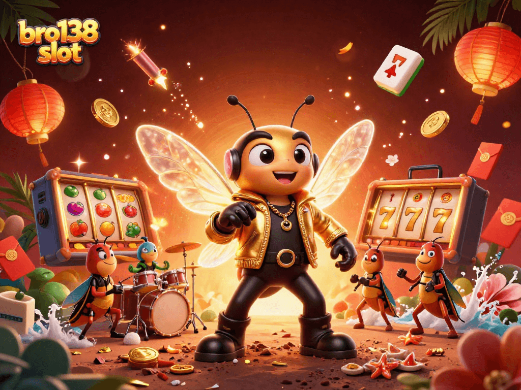 Spin the bro138 slot with a dynamic illustration of a rock star cicada and vibrant casino elements.