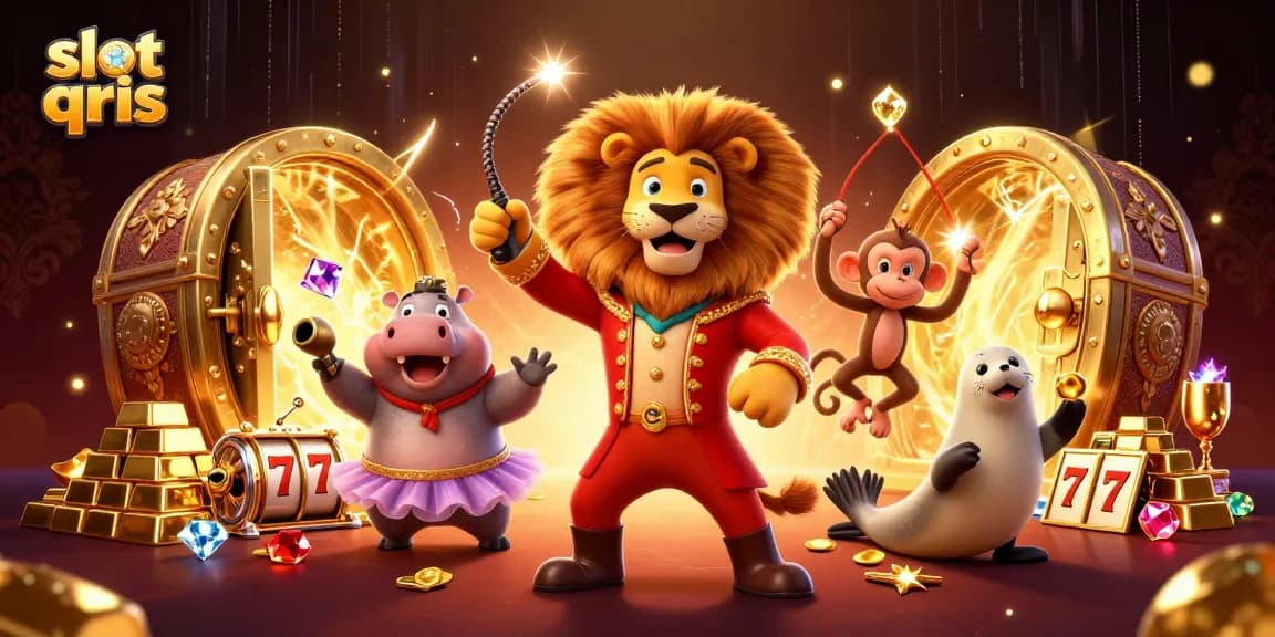 Play slot qris with vibrant circus characters amid gold and jewels in this dynamic illustration.