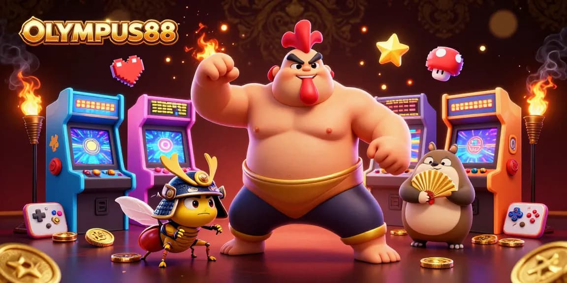 OLYMPUS88 menampilkan karakter menarik dalam ilustrasi gaya kasino sambil bermain slot yang mengasyikkan.