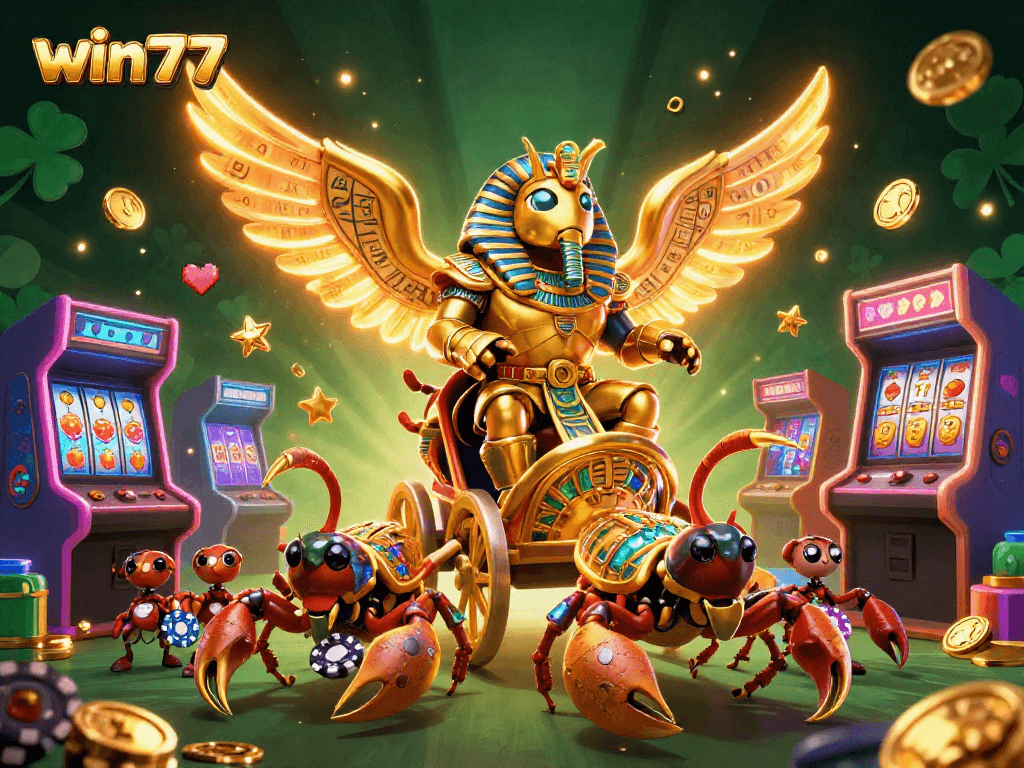 Menangkan slot di win77 dengan gambaran mesin slot mengkilap dan karakter unik di kasino virtual.