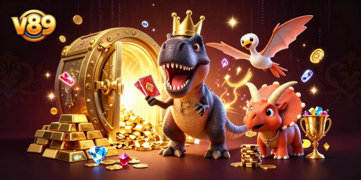 Menangkan turnamen dengan v89, di mana dinosaur bermain kartu dan menumpuk chip emas dalam suasana kasino yang megah.