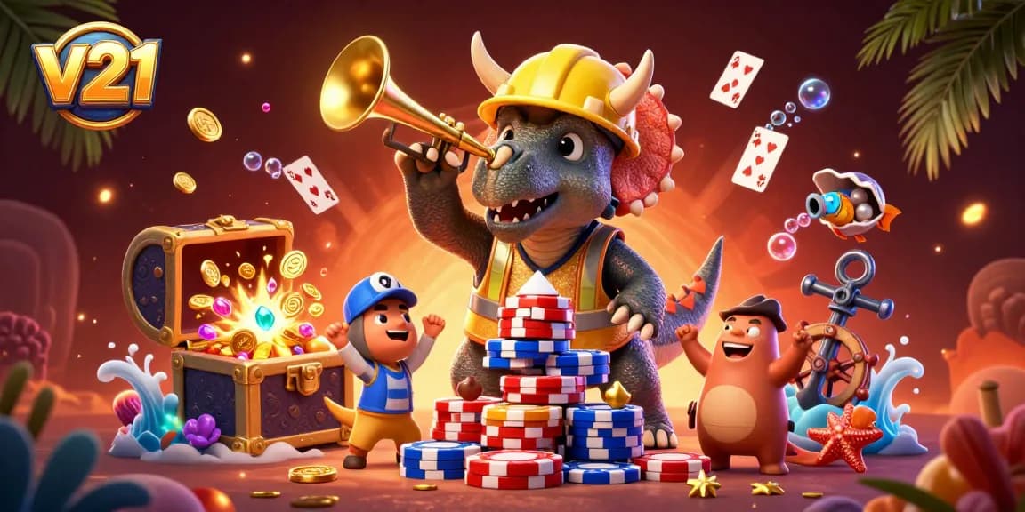 Raih kesenangan bermain v21 dengan triceratops kartu poker yang mengesankan dan elemen laut berkilau.