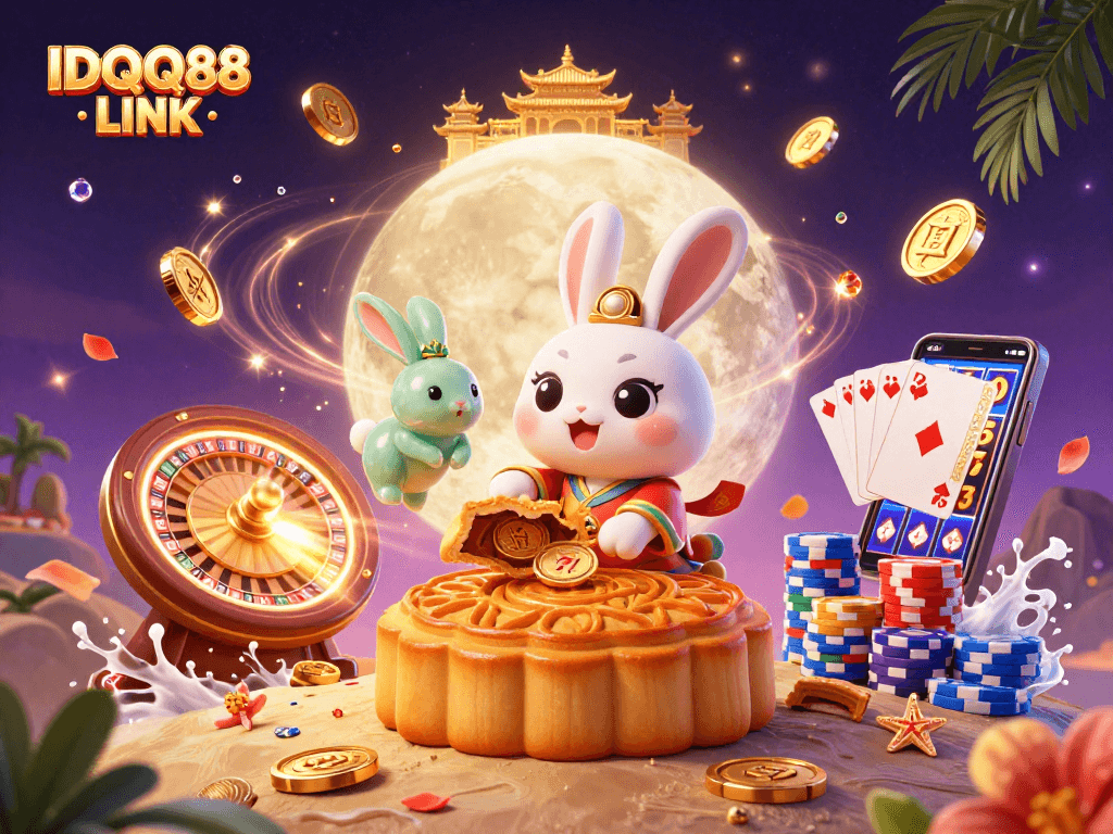 Engage with IDQQ88 LINK as the moon rabbit pounds mooncakes uncovering poker chips, surrounded by dynamic casino elements.