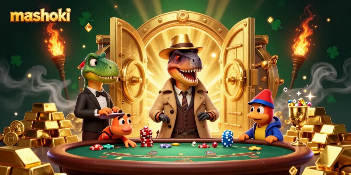 Win big with mashoki in this vibrant casino scene featuring a velociraptor card counter.