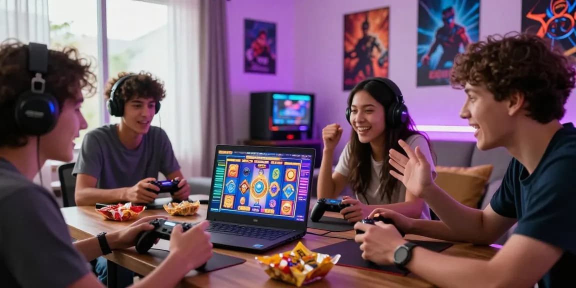 Friends enthusiastically strategizing for situs slot games in a lively gaming room, with neon lights and colorful graphics.