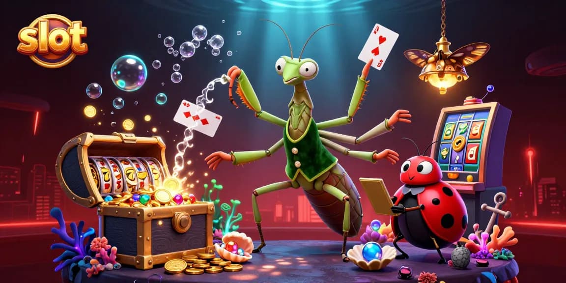 Experience thrilling slot action with a giant mantis and colorful casino elements in this vibrant illustration.