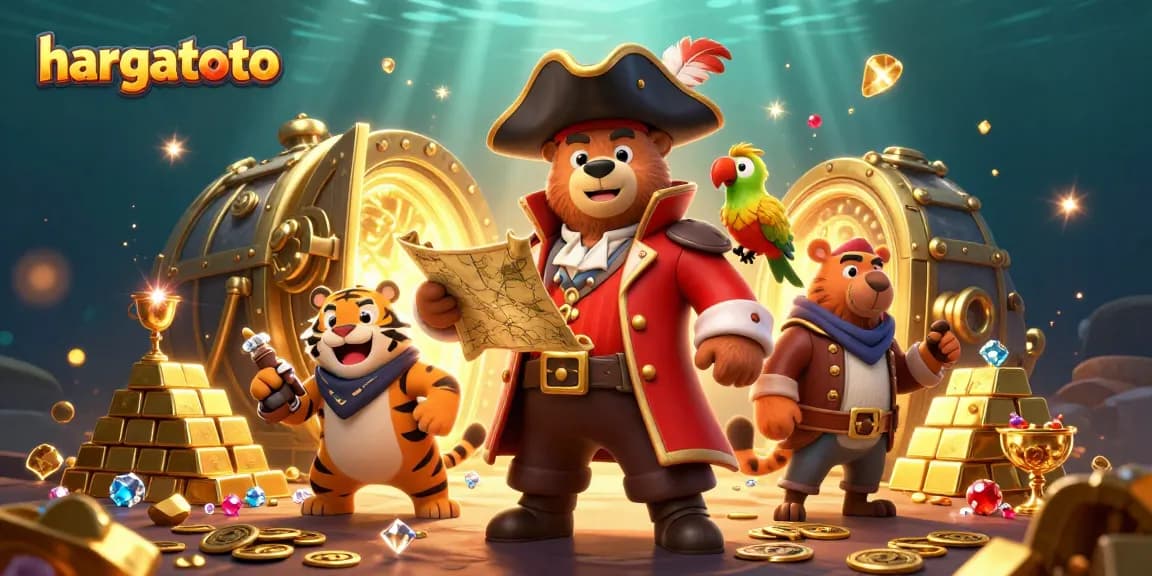Win big with hargatoto's thrilling adventure in the treasure-filled 3D casino illustration.
