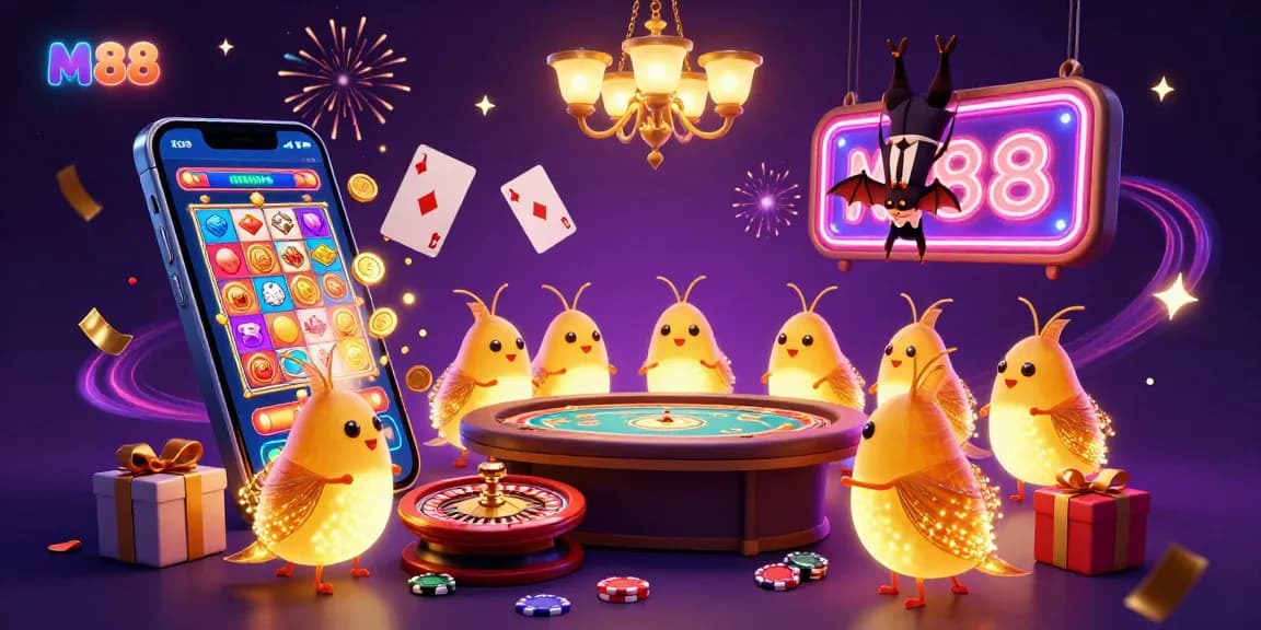 M88 glowing casino scene with bioluminescent glowworms lighting a card table and vibrant gaming elements.