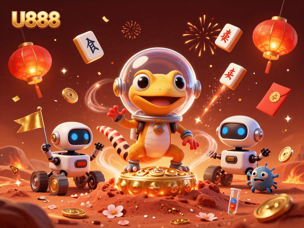 Experience exciting wins at U888 with vibrant 3D casino elements celebrating a Martian discovery.