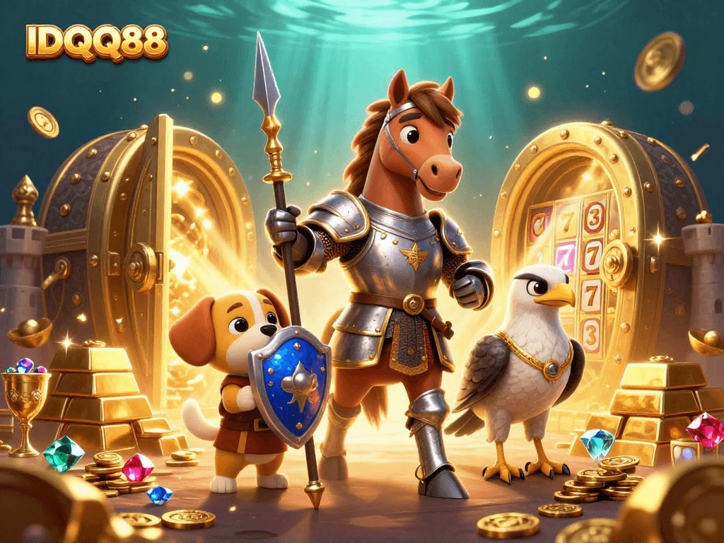Experience thrilling slots with IDQQ88's 3D knight, puppy, and falcon amid golden treasures.