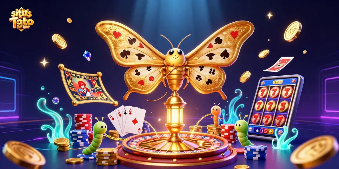 Engage with the situs Toto platform, witnessing vibrant casino elements and golden rewards in a dynamic 3D illustration.