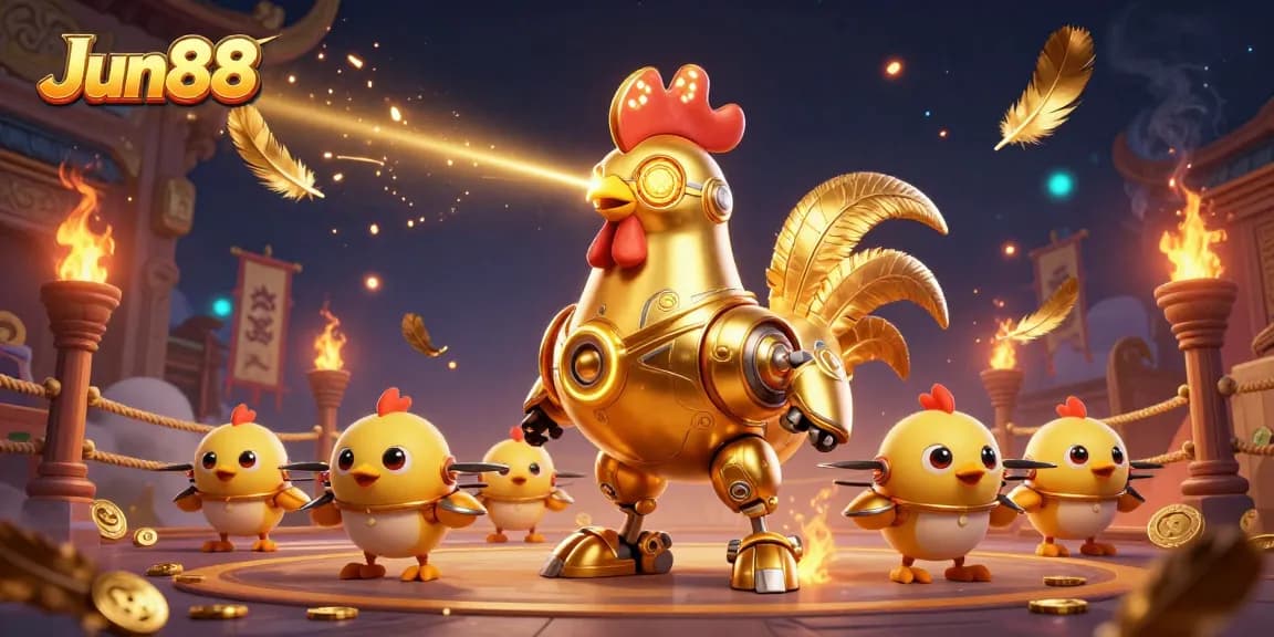 Engage in thrilling action at Jun88 with a retro-futuristic rooster robot and dynamic chick drones.