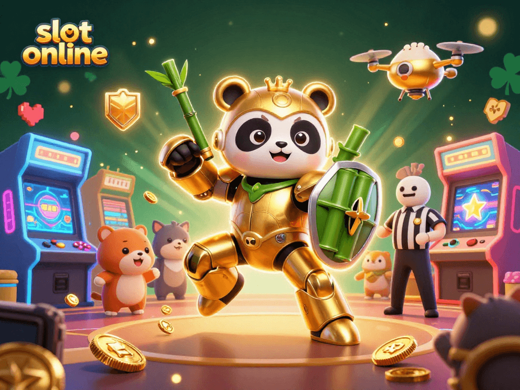 Slot online menghadirkan keseruan dalam ilustrasi 3D dengan panda emas dan elemen kasino yang dinamis.