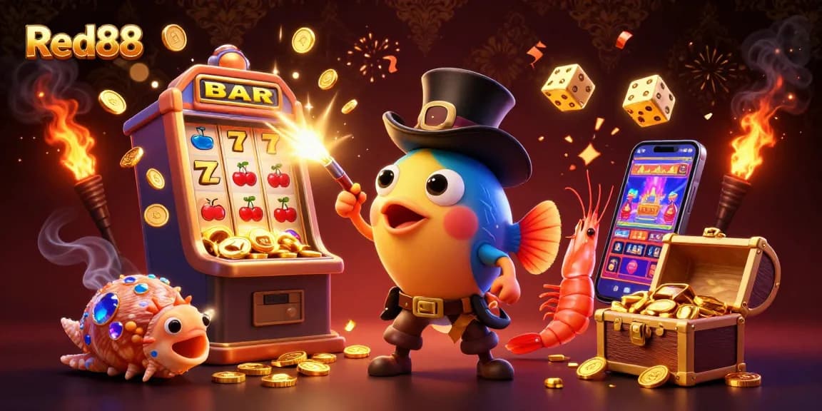 Immerse in the excitement of Red88 with a dynamic scene featuring an anglerfish and casino-themed elements.