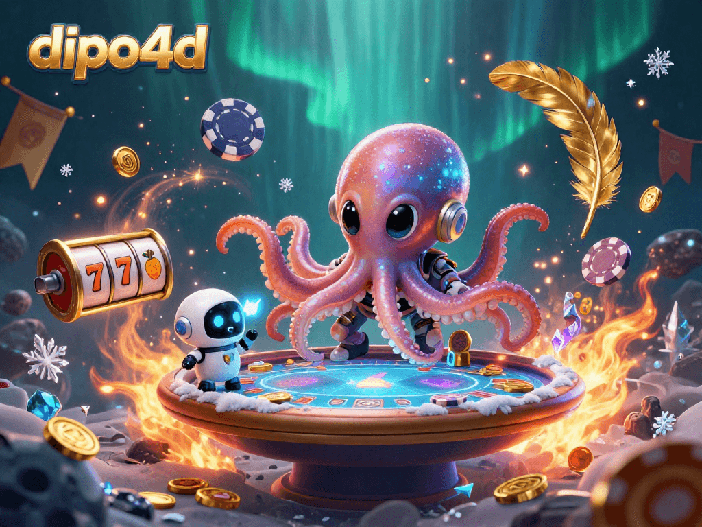 Dive into dipo4d's immersive gaming experience with a vibrant alien octopus at a holographic poker table