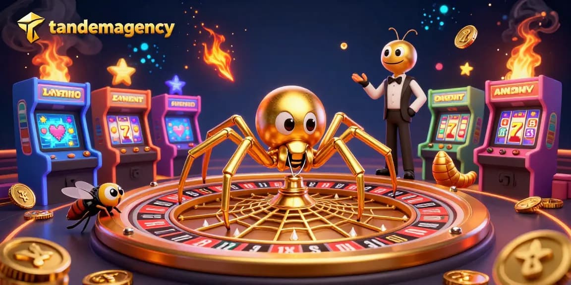 Spin the roulette wheel with tandemagency's vibrant gaming scene filled with playful characters and casino elements.