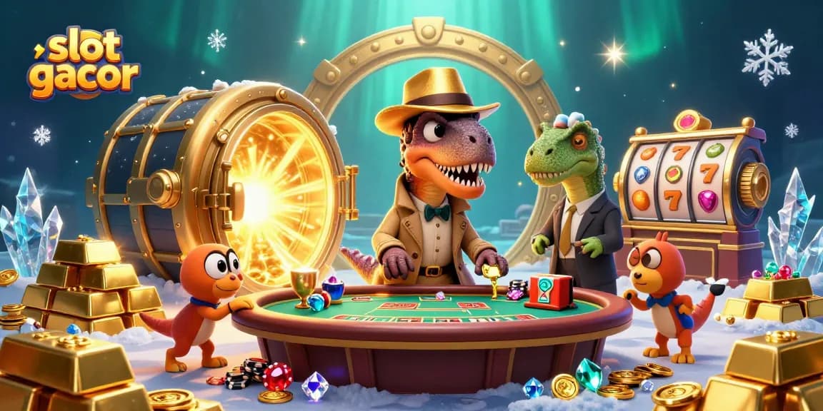 Slot gacor menampilkan velociraptor berjudi di kasino, suasana penuh harta dan petualangan.