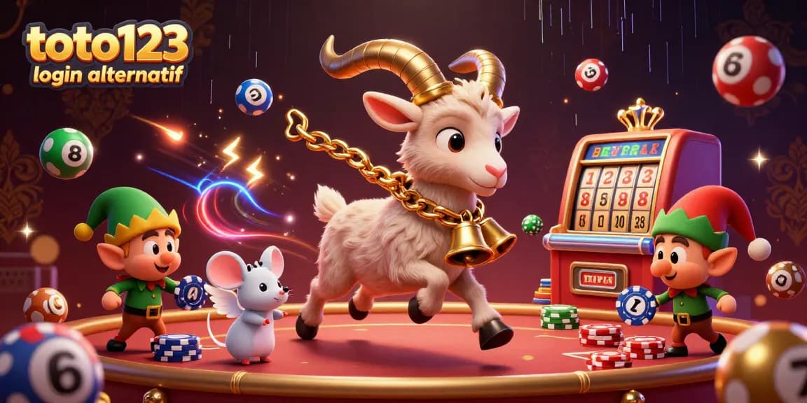 Experience the thrill of toto123 login alternatif through playful lottery-themed 3D characters and elements in a captivating casino scene.