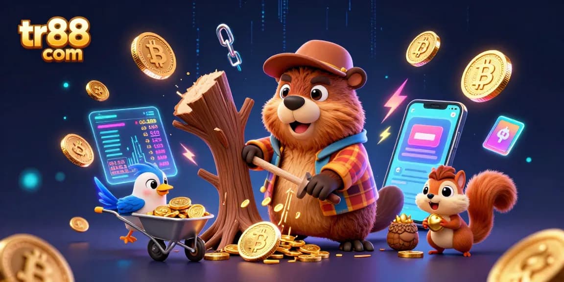 Spin to win with tr88 com - vibrant 3D casino illustration full of gold coins and crypto elements.
