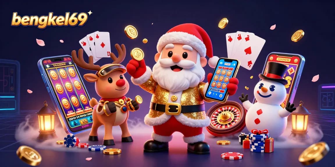 Bengkel69 brings festive fun with Santa's jackpot slots, reindeer dealer, and poker snowman in a vibrant casino scene.