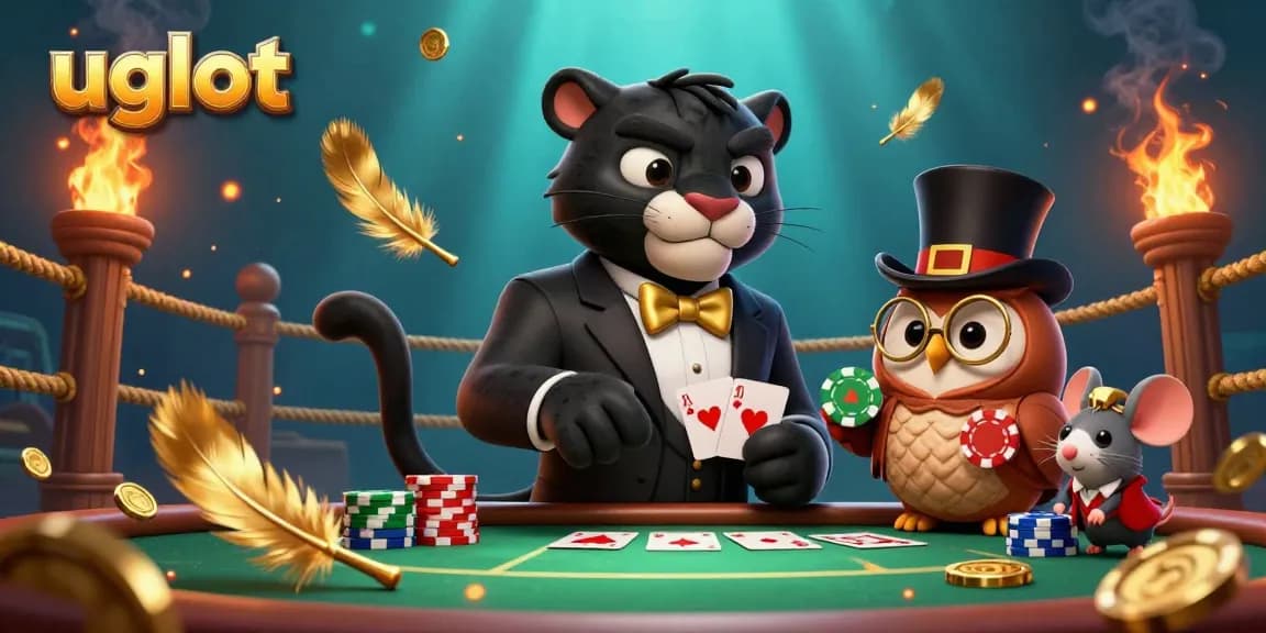 Engage with exciting gameplay on UGSLOT featuring a stylish panther elegantly dealing cards amid golden coins.