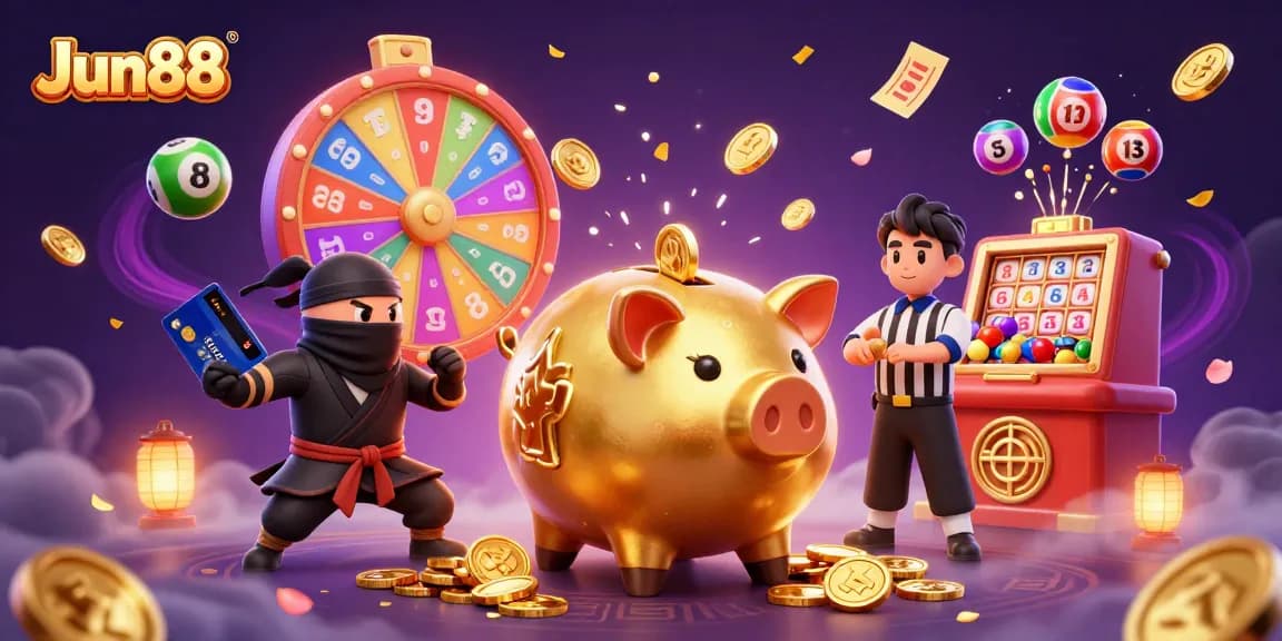 Experience the thrill of Jun88 with the golden piggy bank, dynamic lottery balls, and festive elements.