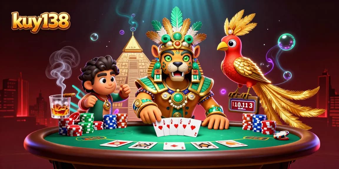 Kuy138 menampilkan jaguar Mayan dengan kartu poker dan tumpukan chip, memberikan suasana kasino yang memukau.
