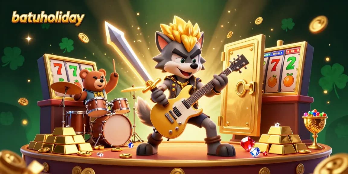 Experience batuholiday excitement with a vibrant casino scene featuring treasure, slot reels, and energetic characters.