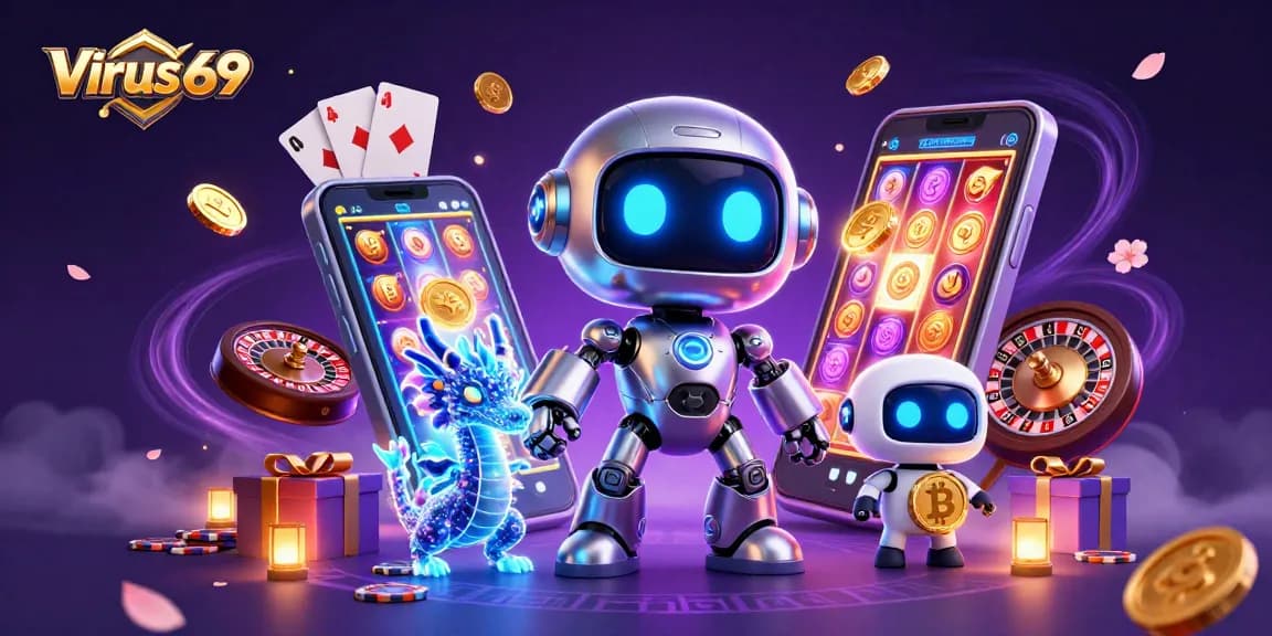 Engage with Virus 69's thrilling slots through an animated scene of vibrant casino elements and characters.