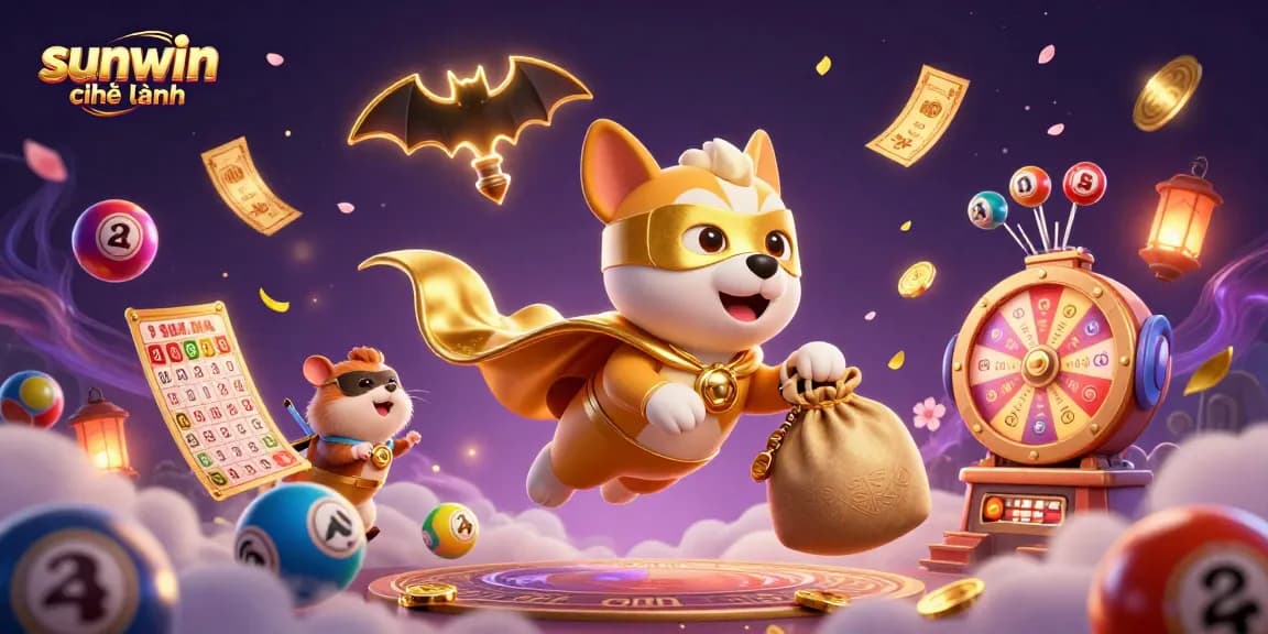 Experience the excitement of sunwin chính hãng as a superhero dog and hamster fly through a dynamic casino scene with lottery elements.