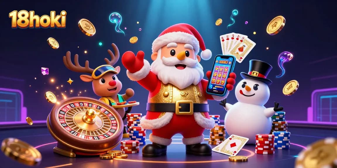 Experience the thrill of jackpots with 18hoki in a vibrant casino scene featuring Santa and friends.