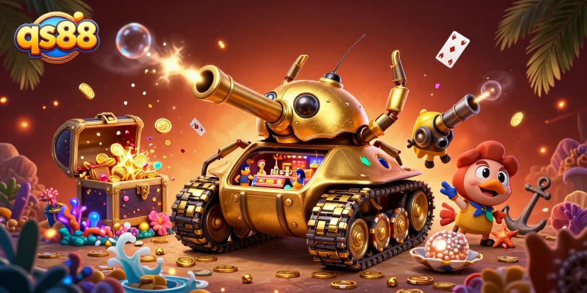 Experience thrilling gameplay at qs88 with a dynamic scene of a golden beetle tank revealing a miniature casino.