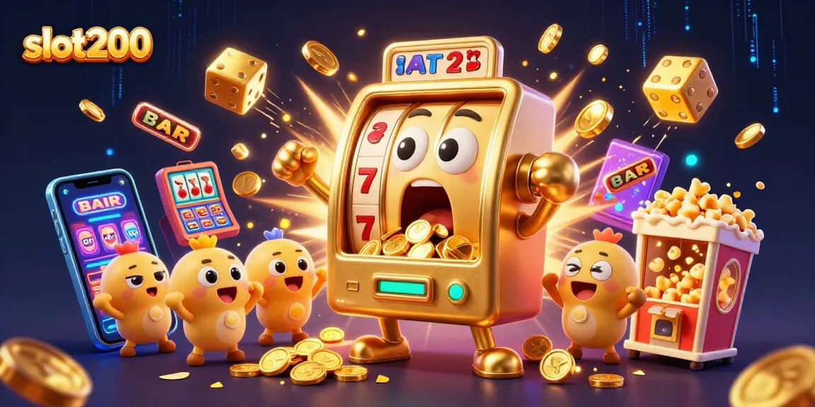 Slot200 menampilkan mesin slot emas 3D yang terkejut saat jackpot, dikelilingi simbol permainan.