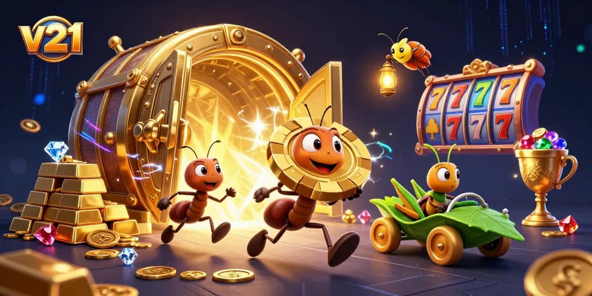 Mengakses situs v21 dengan slot mudah melalui heist unik berupa semut membawa chip poker besar.