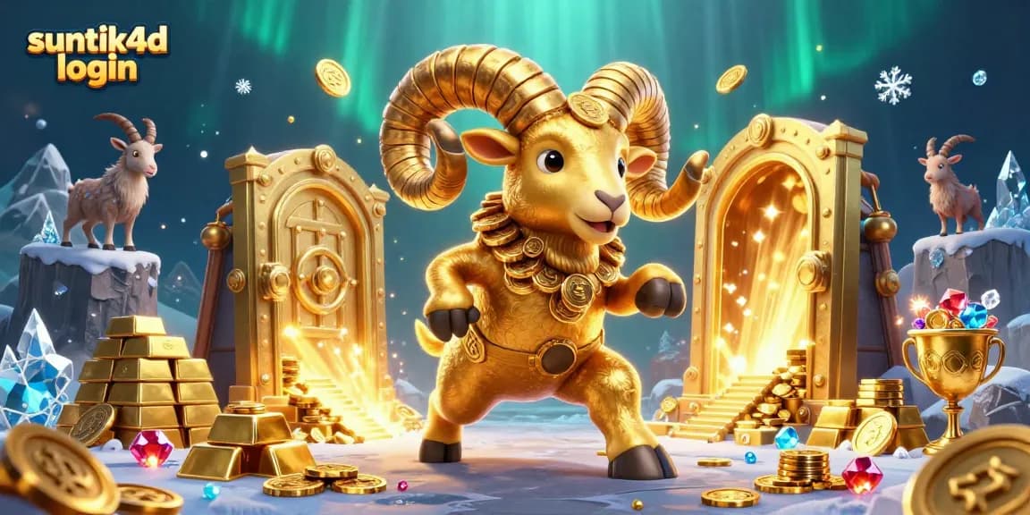 Masuk ke dunia perjudian dengan suntik4d login yang menampilkan domba emas besar dan harta berkilauan.