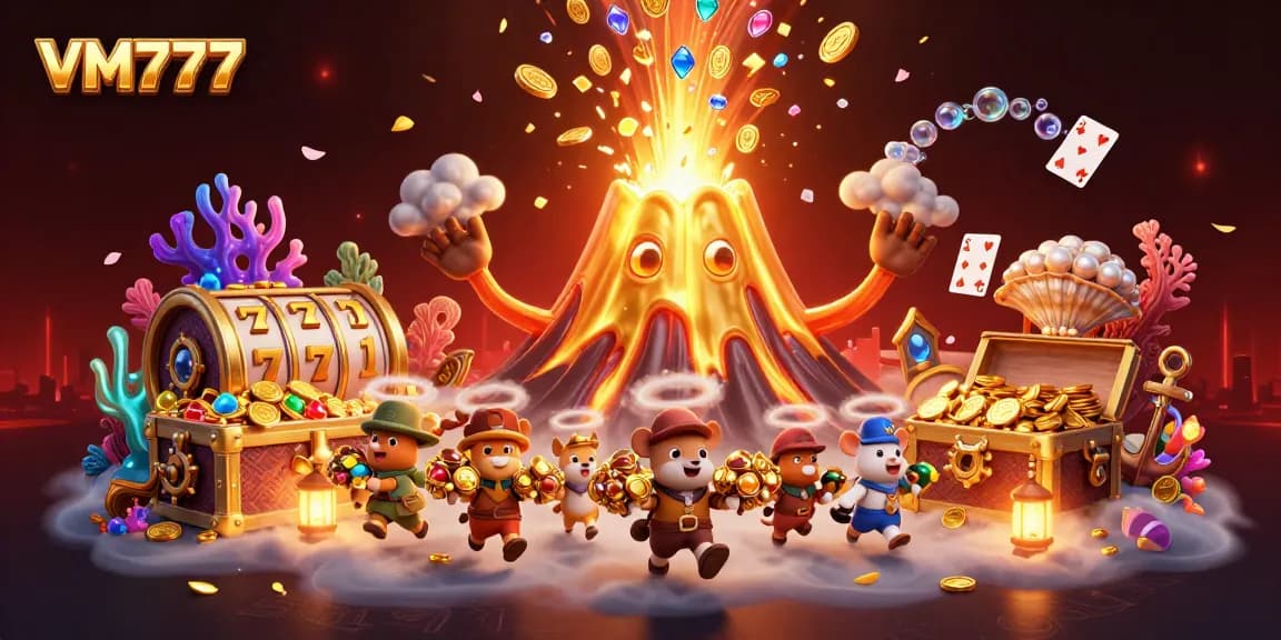 Experience VM777's golden eruption of winning treasures in this immersive casino-themed illustration.