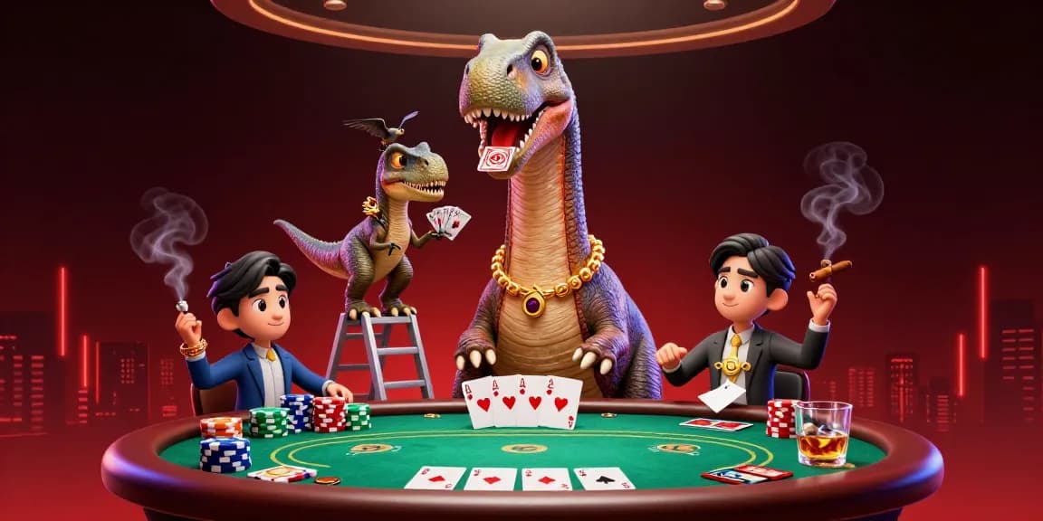 Engage with surga88 at a vibrant casino scene with a giant brontosaurus and clever raptor dealing cards.