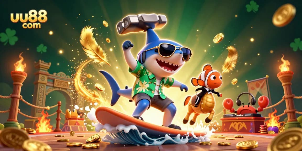 Experience the excitement at uu88 com with a dynamic 3D casino illustration featuring vibrant characters and gambling elements.
