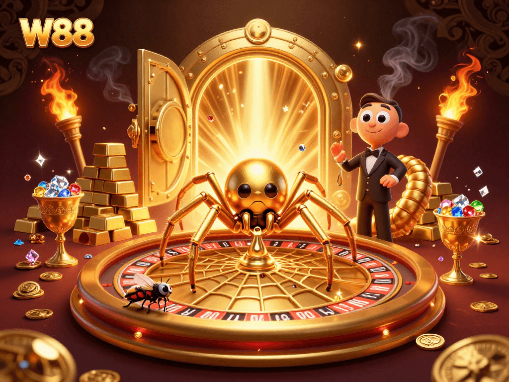 Place bets with W88 in a lively casino scene featuring a golden spider dealer and abundant treasures.