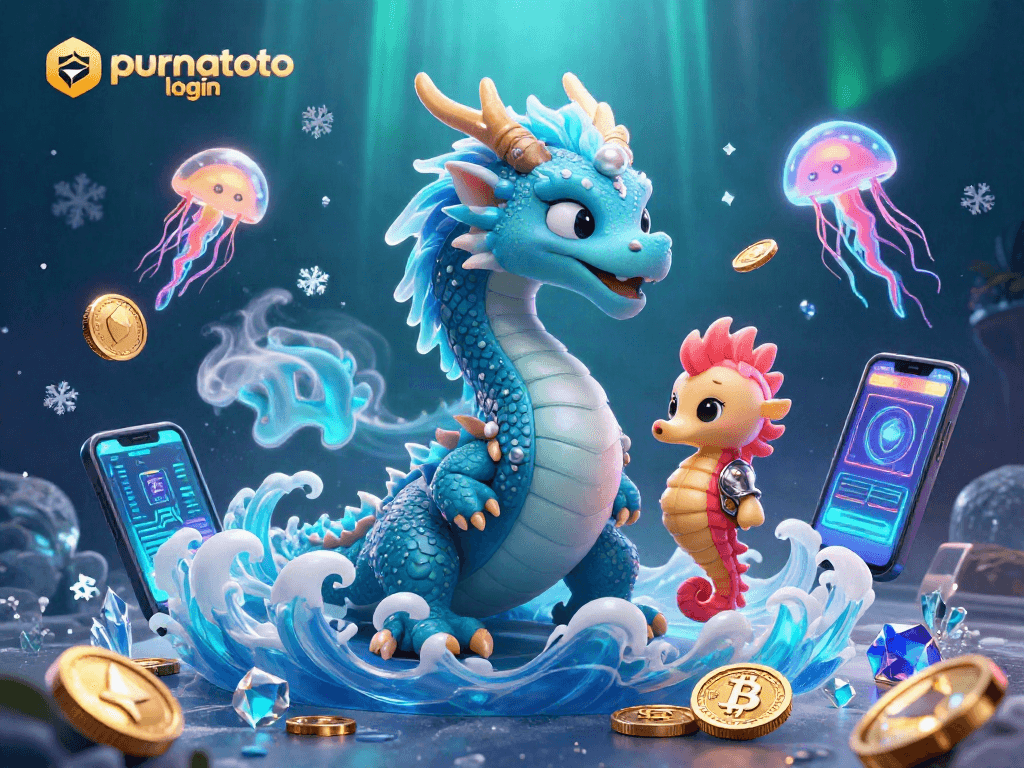 Masuk ke purnatoto login dengan tampilan ilustrasi 3D yang menggambarkan naga laut dan kuda laut dalam suasana kasino.