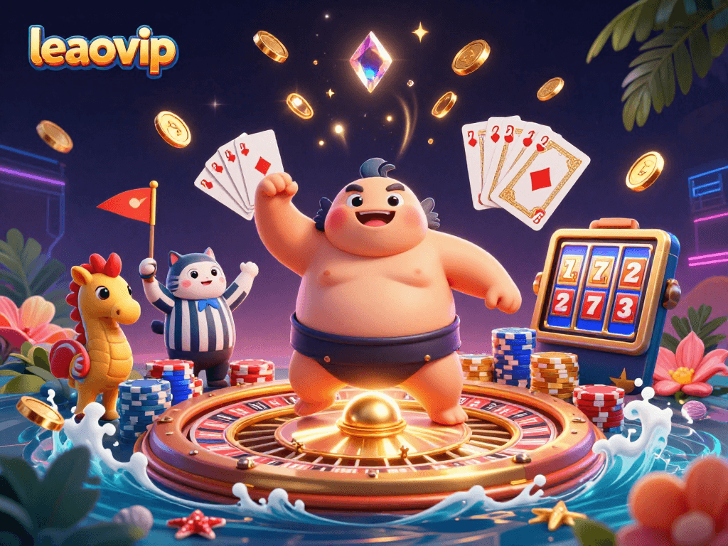 Experience fast gaming and jackpots with leaovip in a vibrant underwater casino scene featuring unique characters and dynamic elements.