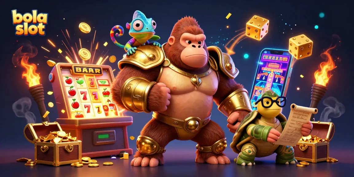 Players engage in exciting bola slot games with a golden gorilla, chameleon, and a wise tortoise.