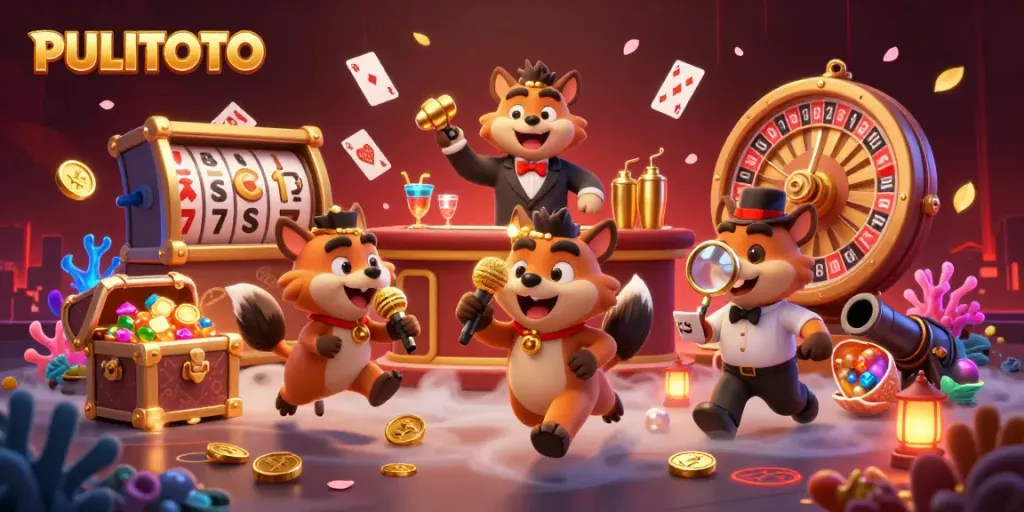 PULITOTO hyenas creating excitement in a vibrant comedy casino filled with treasures and games.