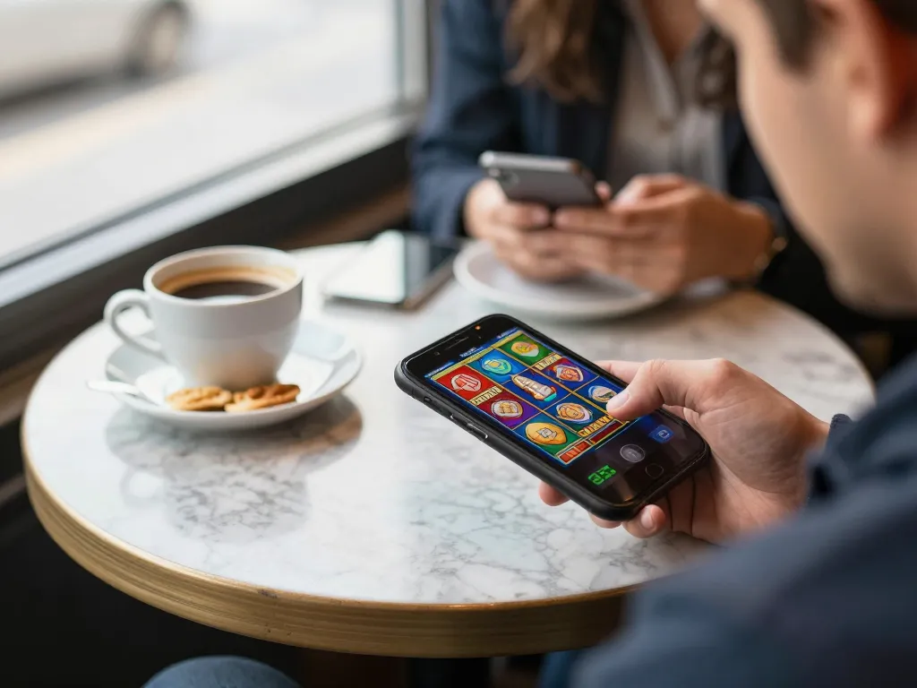 IDCJOKER player spinning reels on a smartphone in a cozy café, highlighting online gaming experience.